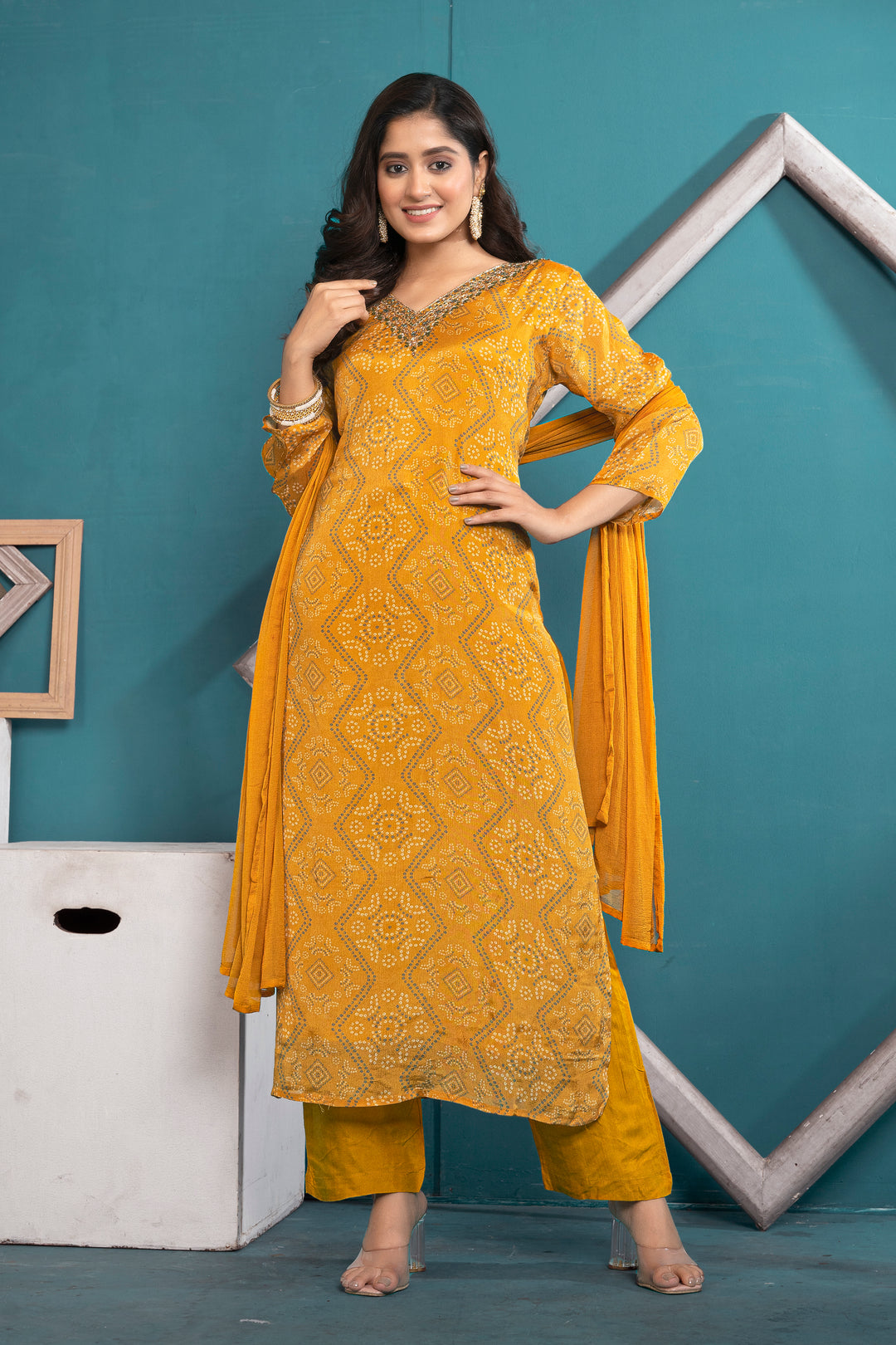 WOMEN'S PRINTED - DABKA, DOREE & CUTDANA EMBROIDERED - STRAIGHT KURTA, PANT SET OF 3 - MUSTARD YELLOW