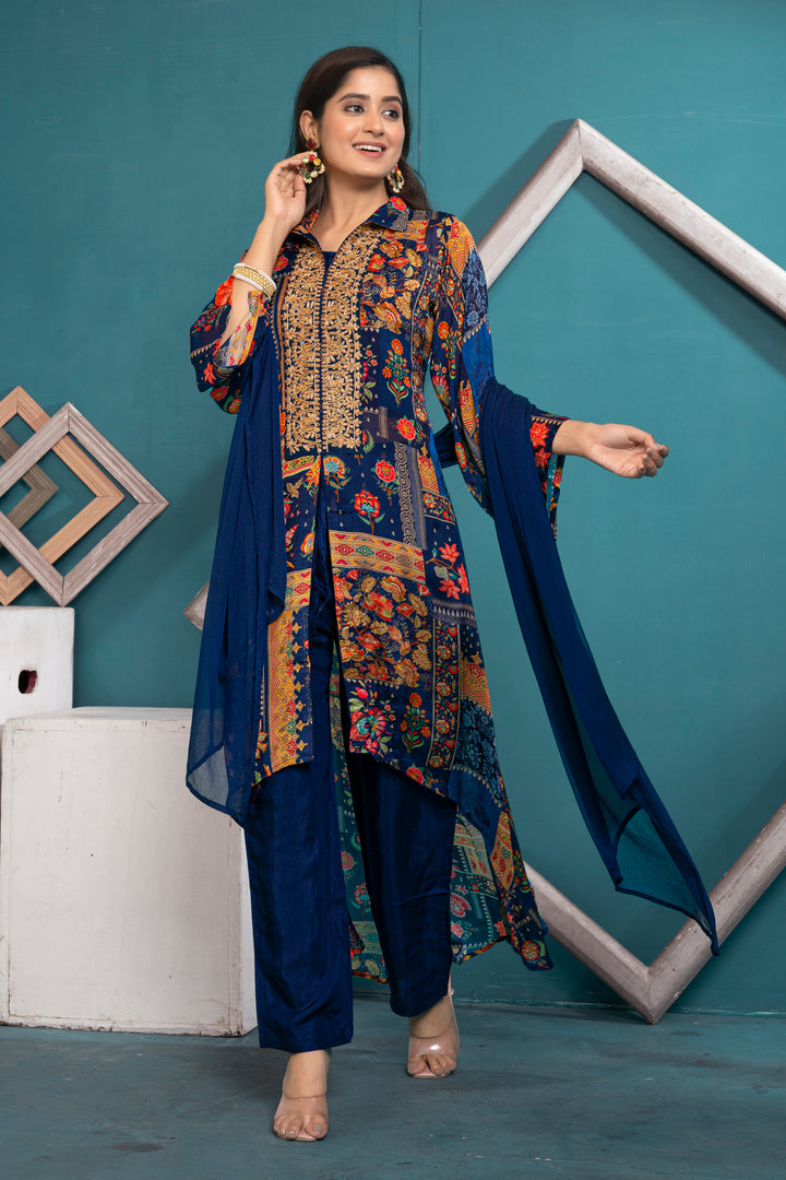 WOMEN'S FLORAL PRINTED - DOREE, CUTDANA EMBROIDERED - STRAIGHT HIGH-LOW FRONT SLIT KURTA & PANT - SET OF 3 - BLUE