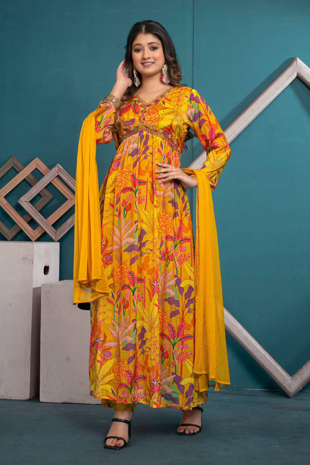 WOMEN'S FLORAL PRINTED - DABKA, DOREE, PEARL, SEQUIN & CUTDANA EMBROIDERED - PLEATED KURTA, PANT AND DUPATTA SET OF 3 - MUSTARD YELLOW