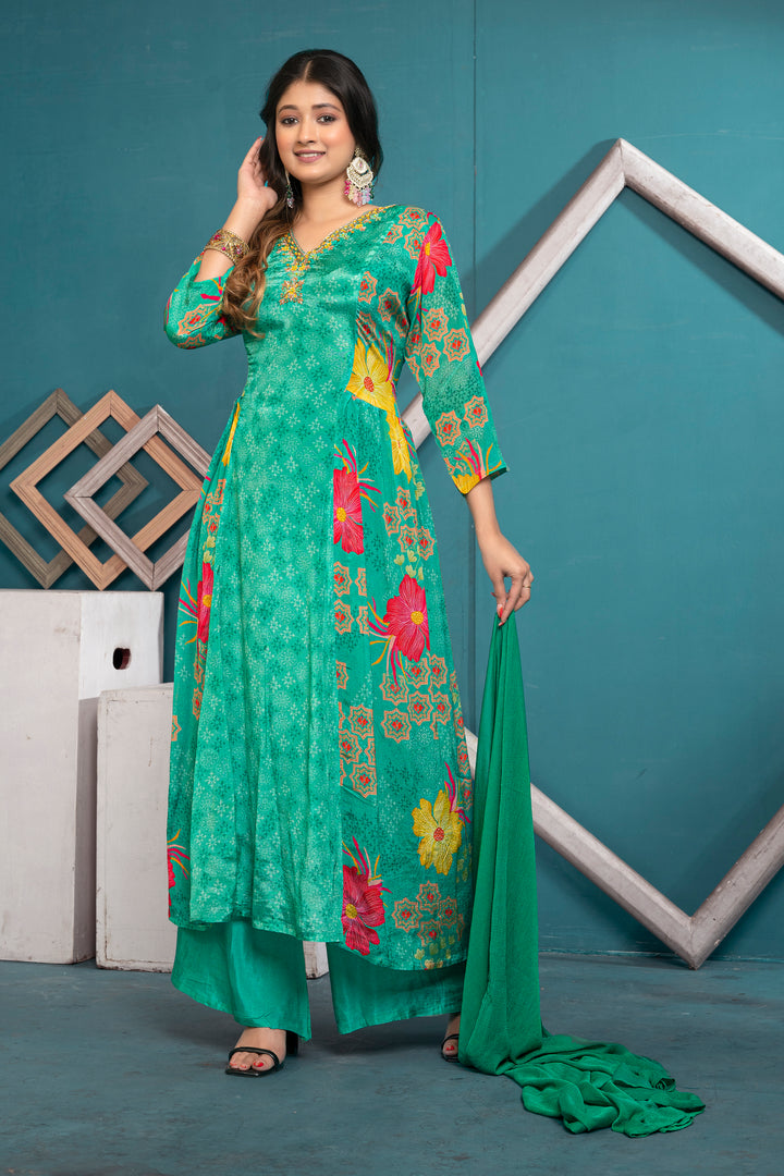 WOMEN'S FLORAL PRINTED - DABKA, DOREE & CUTDANA EMBROIDERED - STRAIGHT KURTA, PANT SET OF 3 - GREEN