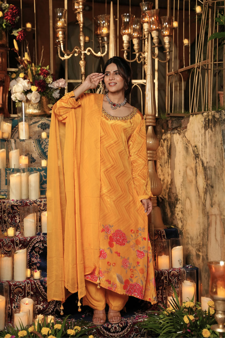 Festive Kurta & Pant - Hand Embroidered - Set of 3 - Mustard Yellow