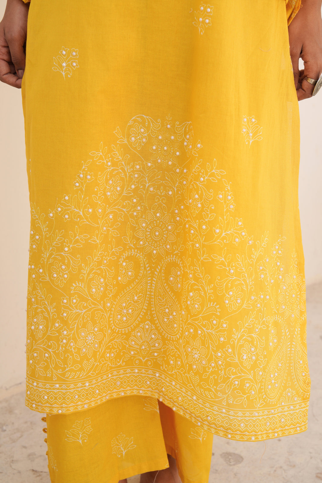 Printed Cotton Kurta & Pant - Hand Embroidered - Set of 2 - Yellow