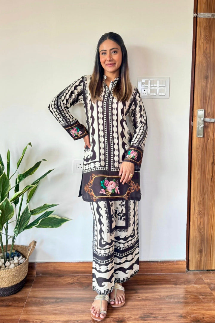 Printed Muslin Co-ord Set - Black