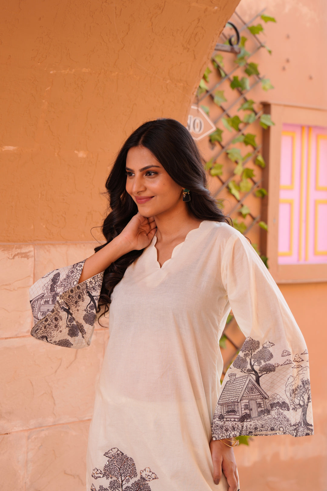 Printed Cotton Kurta & Pant - Hand Embroidered - Set of 2 - White