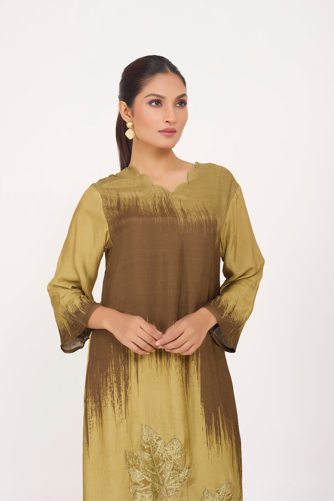 Printed Kurta & Pant - Hand Embroidered - Set of 2 - Brown - Muslin Silk