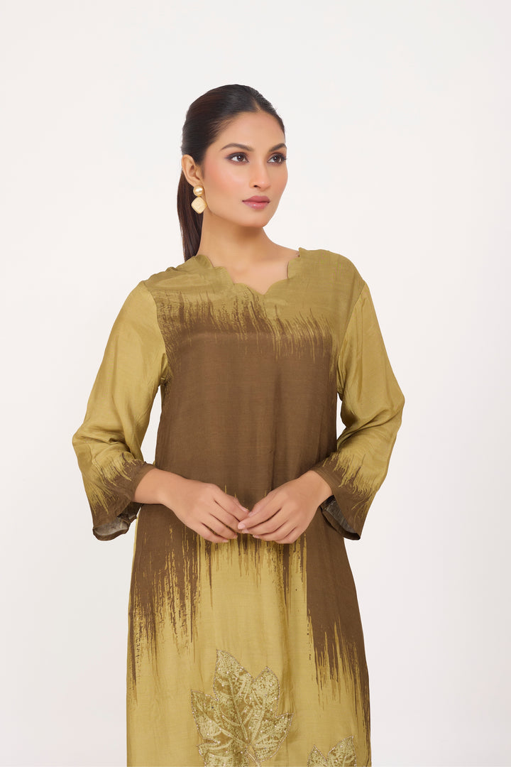 Printed Kurta & Pant - Hand Embroidered - Set of 2 - Brown - Muslin Silk