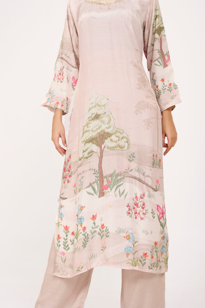 Printed Kurta & Pant - Hand Embroidered - Set of 2 - Lite Beige - Muslin Silk