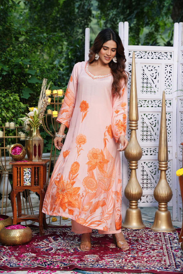 Floral Printed Kurta & Pant - Hand Embroidered - Set of 2 - Peach