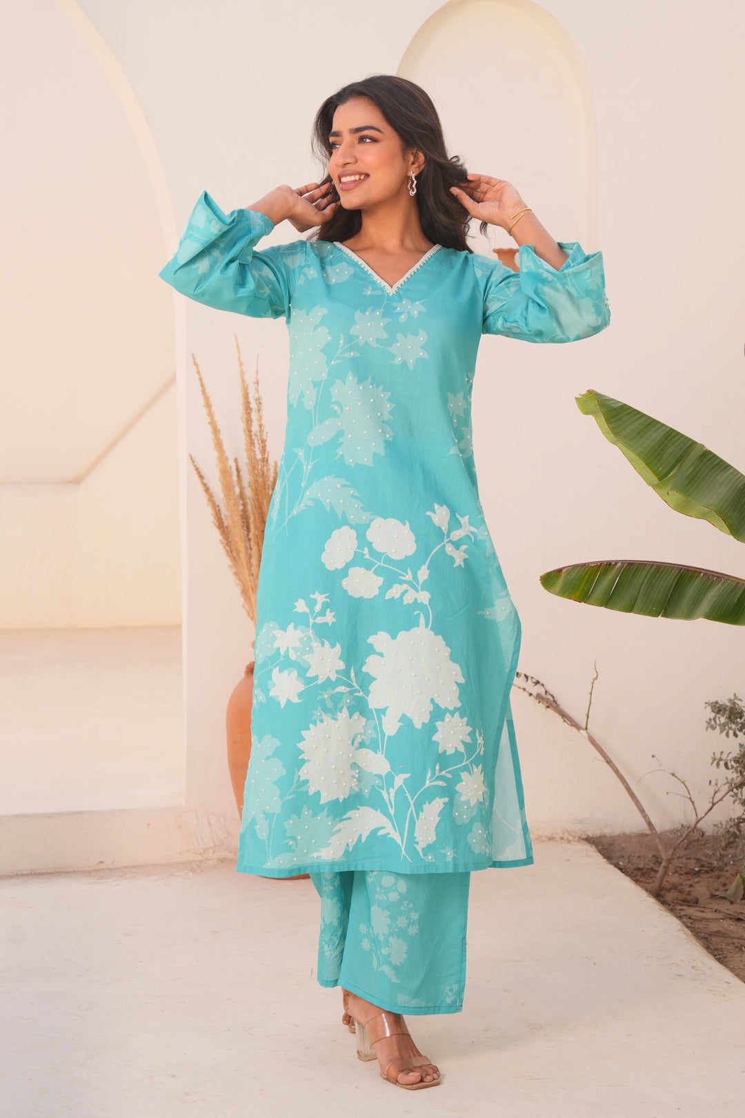 Printed Cotton Kurta & Pant - Hand Embroidered - Set of 2 - Sky Blue