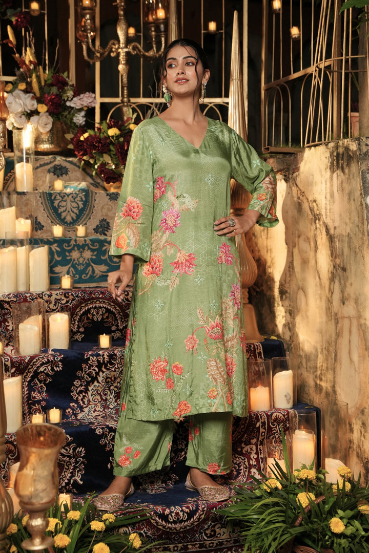 Floral Printed Kurta & Pant - Hand Embroidered - Set of 2 - Green