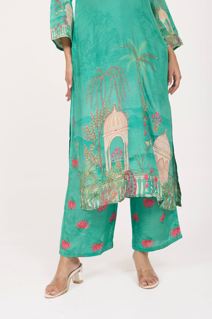 Printed Kurta & Pant - Hand Embroidered - Set of 2 - Green - Muslin Silk