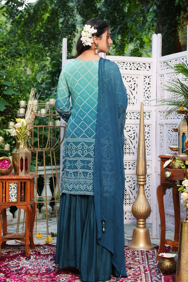 Kurta & Sharara - With Dupatta - Hand Embroidered - Set of 3 - Blue