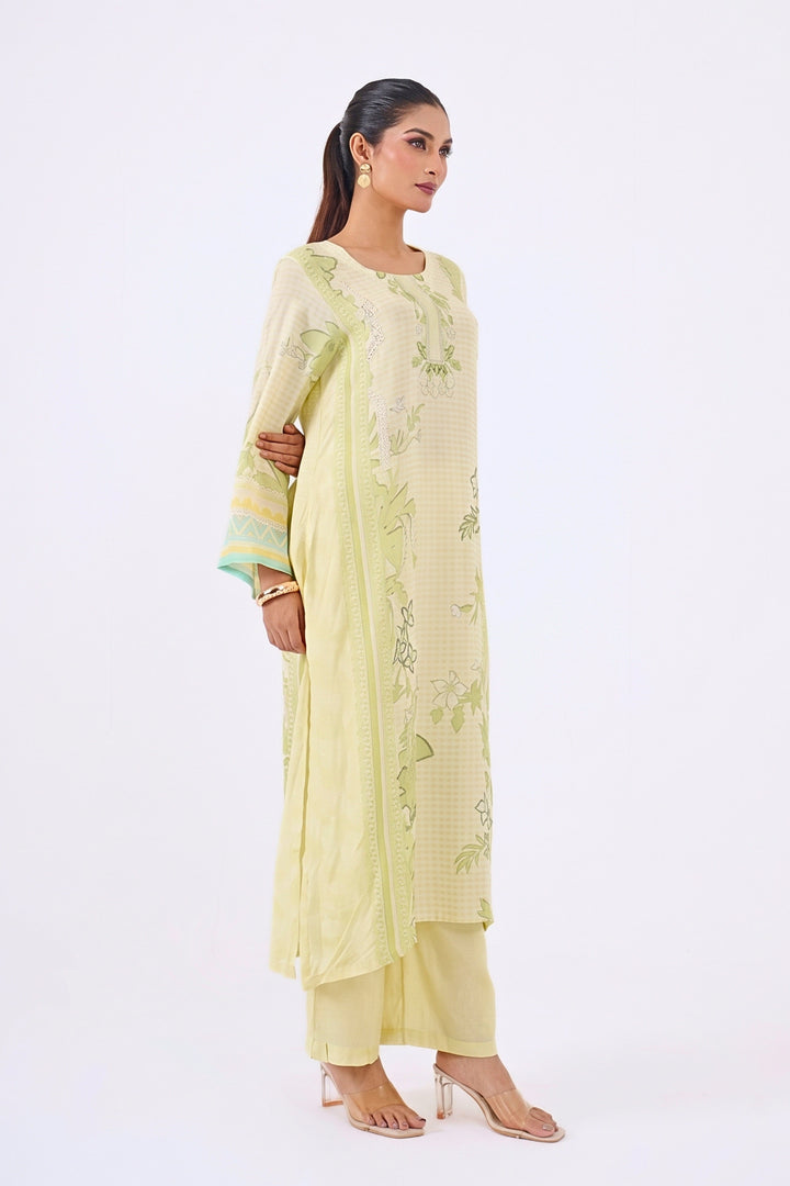 Printed Muslin Silk Kurta &amp; Pant - Set Of 2 - Lime Green
