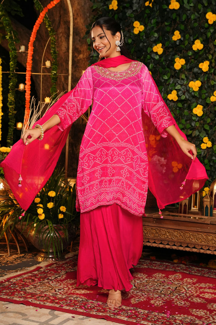 Kurta & Sharara - With Dupatta - Hand Embroidered - Set of 3 - Rani Pink