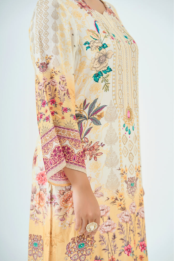 Floral Printed Muslin Silk Kurta &amp; Pant Set – Hand Embroidered - Ivory Yellow