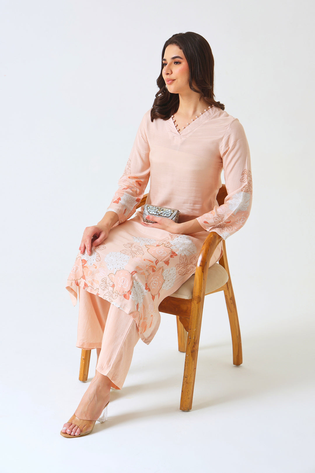 Printed Muslin Silk Kurta & Pant – Embroidered – Set of 2 – Peach