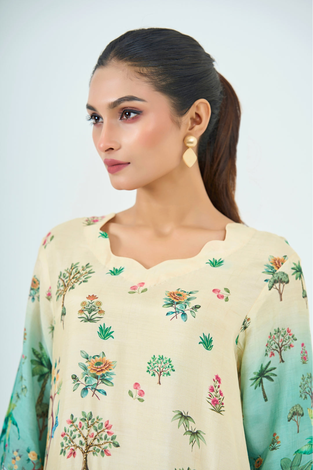 Printed Muslin Silk Kurta &amp; Pant Set – Hand Embroidered - Aqua Green &amp; Ivory