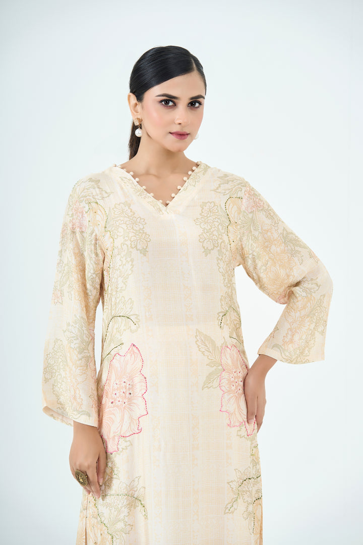 Printed Muslin Silk Kurta &amp; Pant Set – Hand Embroidered - Soft Beige
