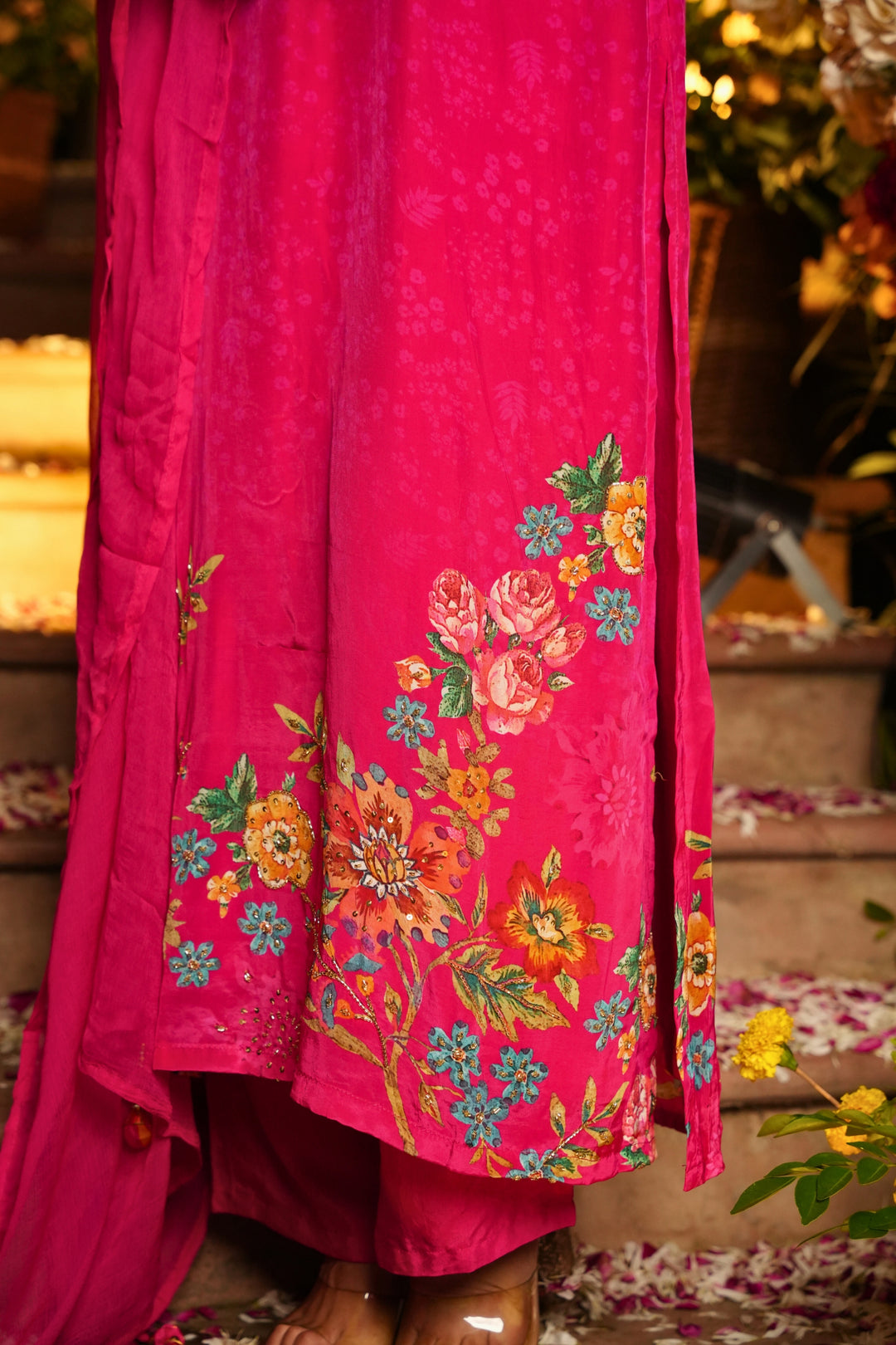 Festive Kurta & Pant - Hand Embroidered - Set of 3 - Rani Pink