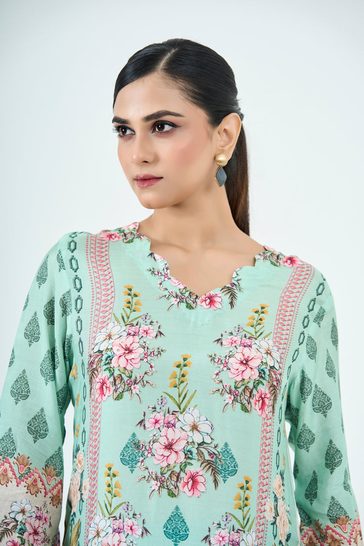 Printed Muslin Silk Kurta &amp; Pant Set – Hand Embroidered - Mint Green