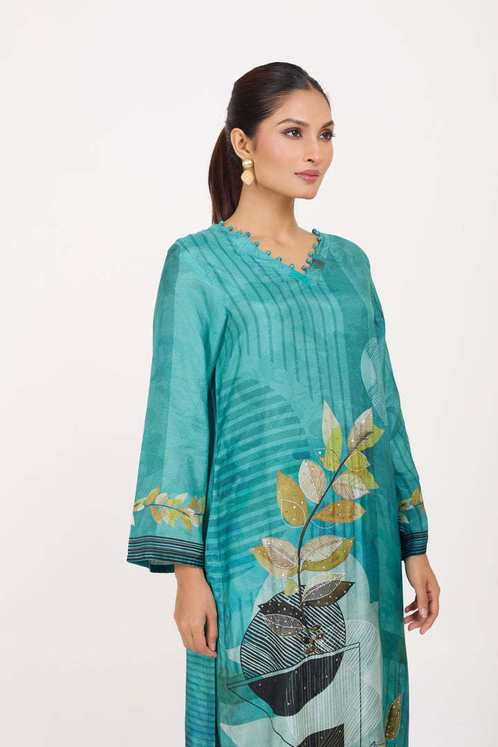 Printed Kurta & Pant - Hand Embroidered - Set of 2 - Sea Green - Muslin Silk