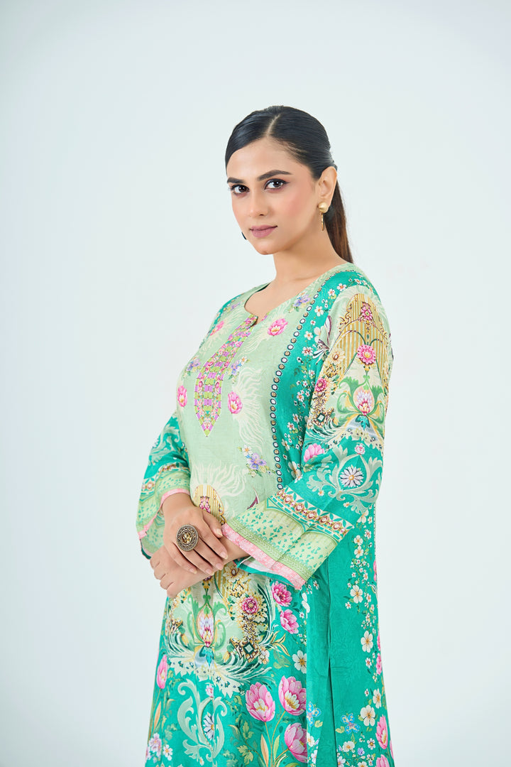 Printed Muslin Silk Kurta &amp; Pant Set - Hand Embroidered – Green