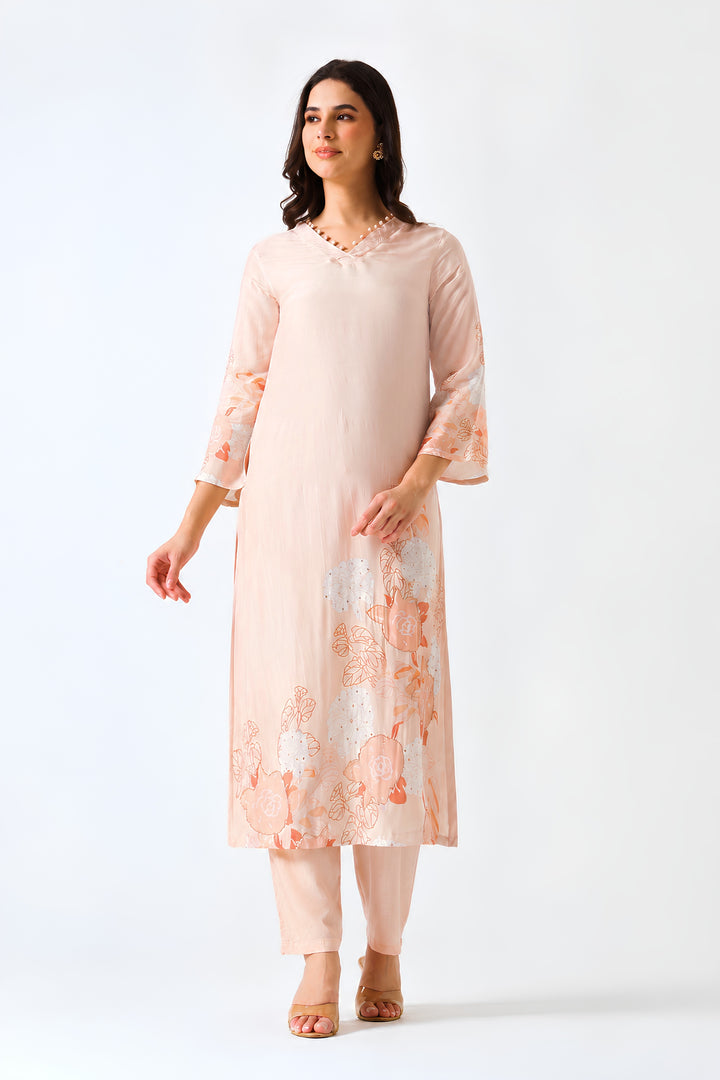Printed Muslin Silk Kurta & Pant – Embroidered – Set of 2 – Peach