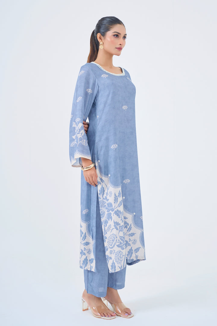 Printed Muslin Silk Kurta &amp; Pant – Pearl Embellished – Set of 2 – Blue