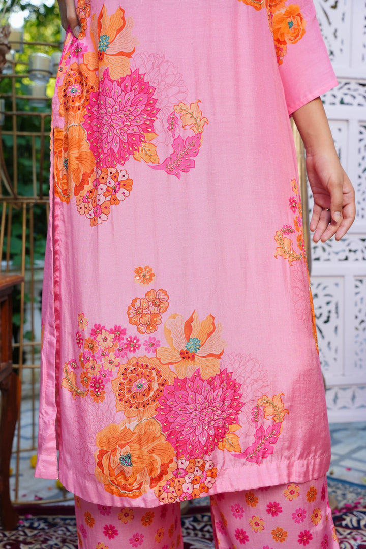 Floral Printed Kurta & Pant - Hand Embroidered - Set of 2 - Baby Pink