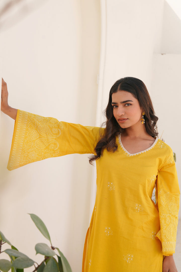 Printed Cotton Kurta & Pant - Hand Embroidered - Set of 2 - Yellow