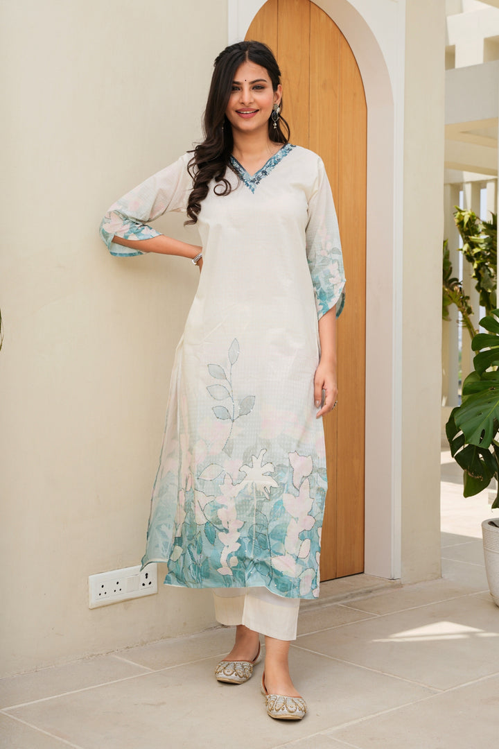 FLORAL PRINTED COTTON KURTA & PANT - HAND EMBROIDERED - SET OF 2 - OFF WHITE