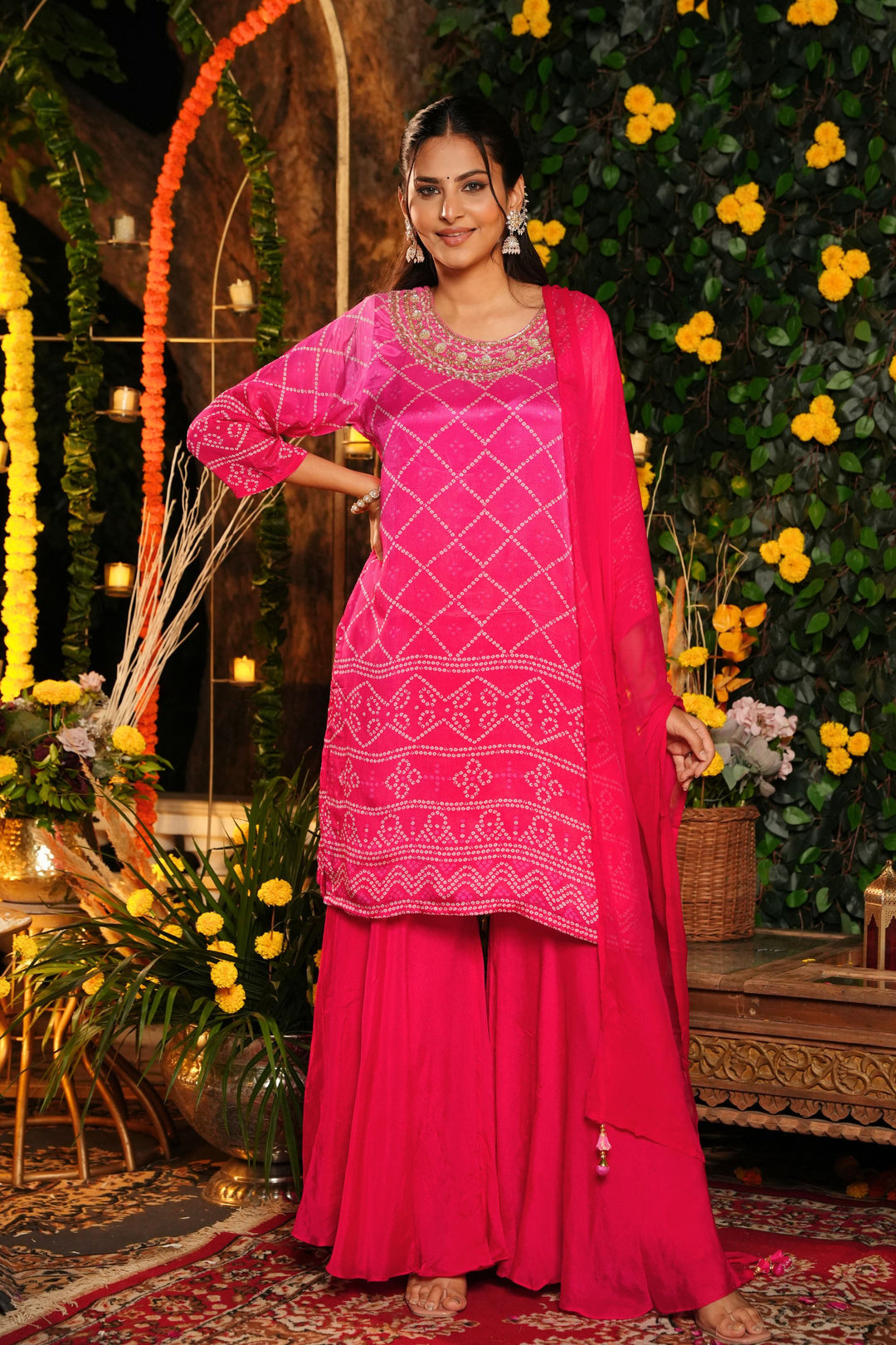 Kurta & Sharara - With Dupatta - Hand Embroidered - Set of 3 - Rani Pink