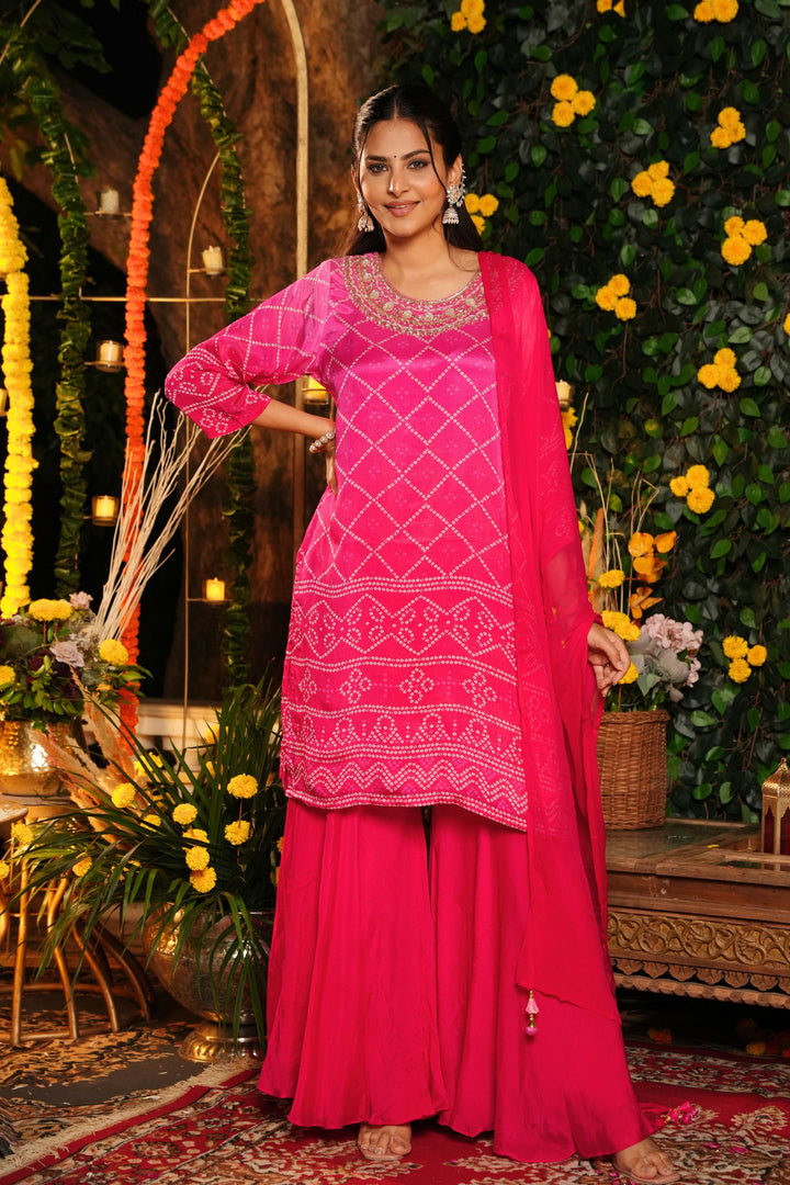 Kurta & Sharara - With Dupatta - Hand Embroidered - Set of 3 - Rani Pink