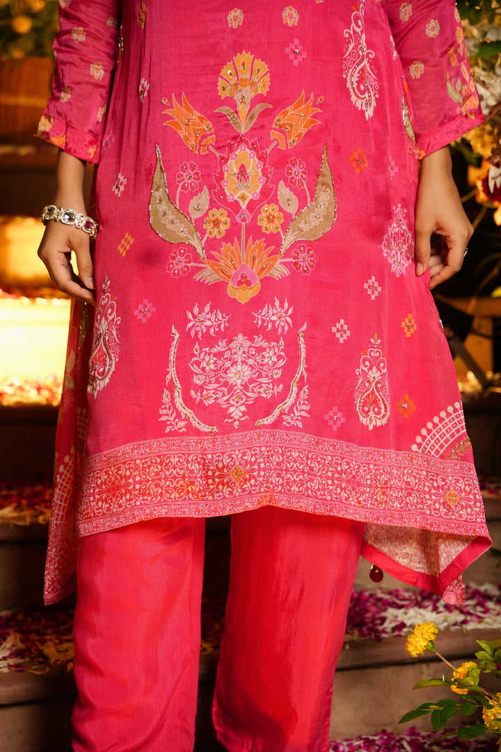 Festive Kurta & Pant - Hand Embroidered - Set of 3 - Pink