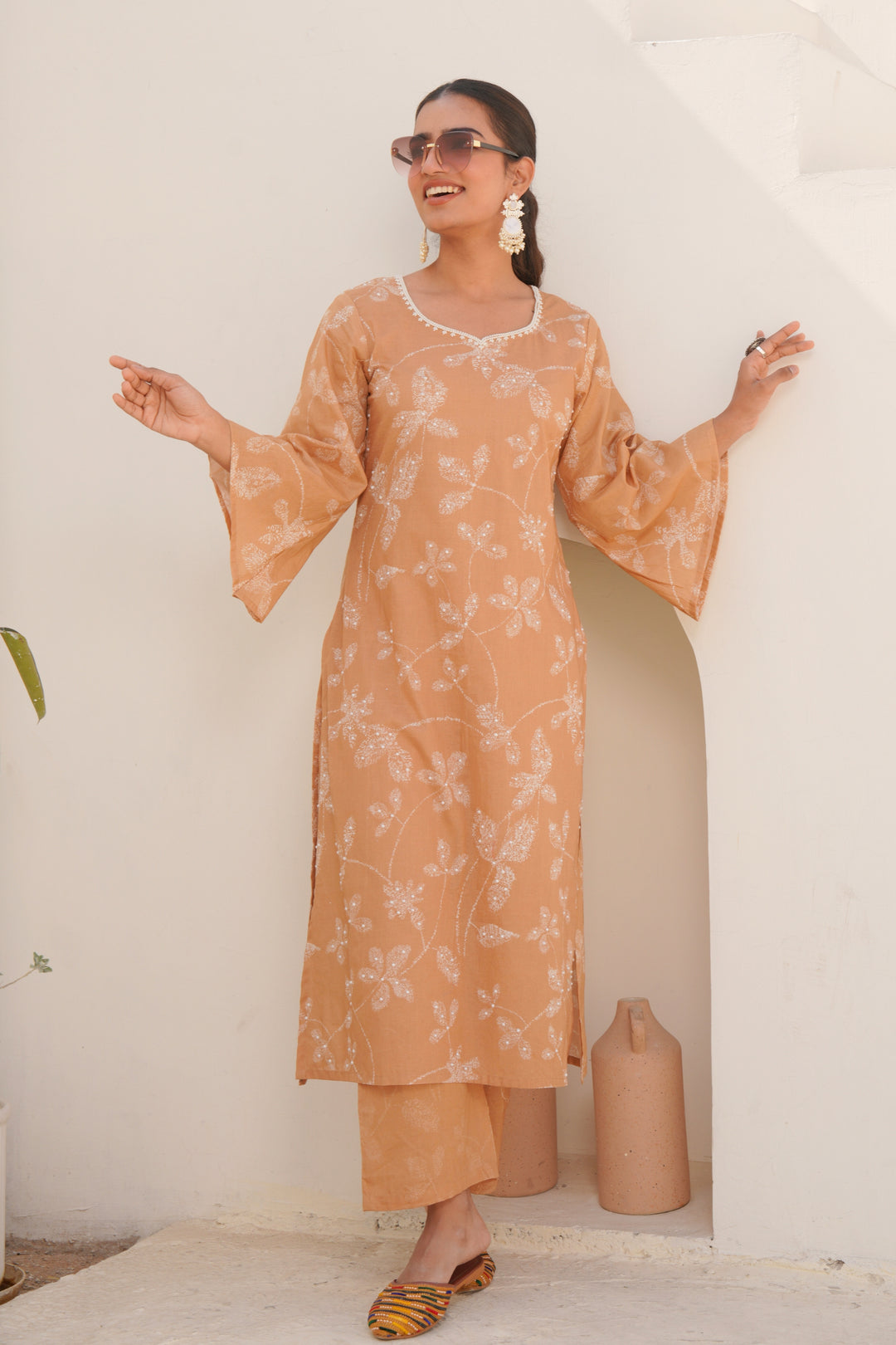 Printed Cotton Kurta & Pant - Hand Embroidered- Set of 2 - Tan Brown