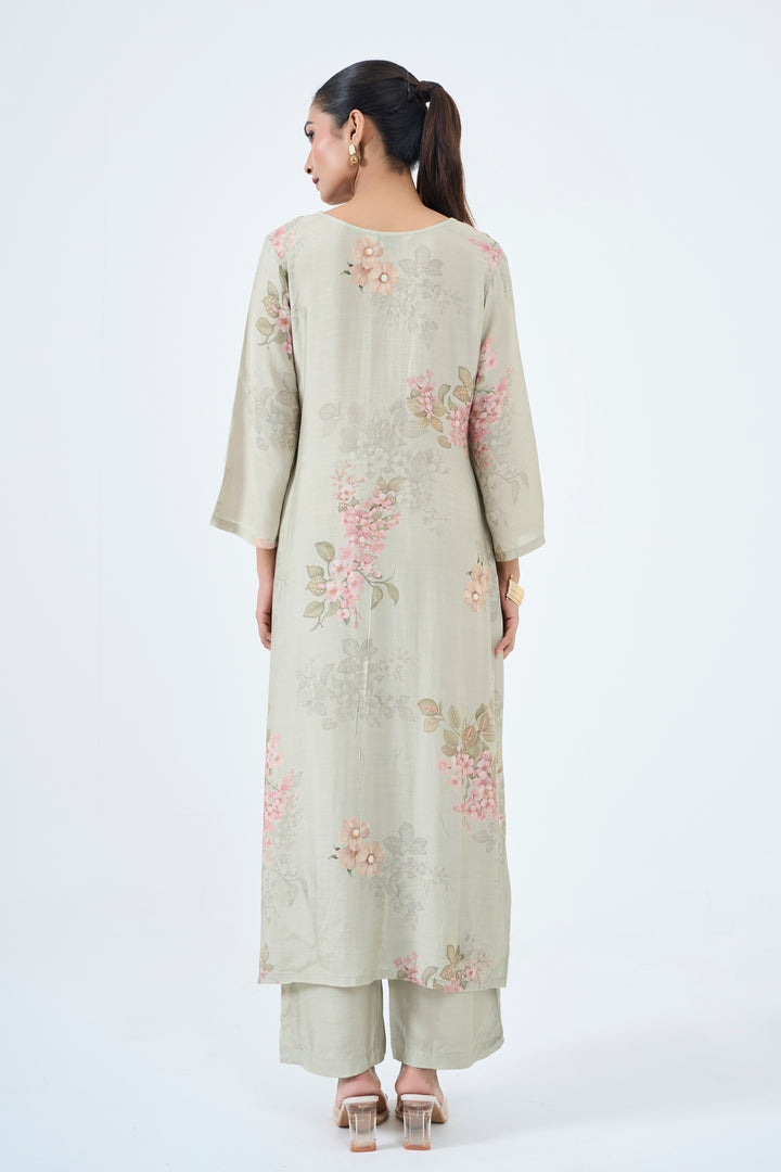Floral Printed Muslin Silk Kurta &amp; Pant Set - Hand Embroidered – Sage Green