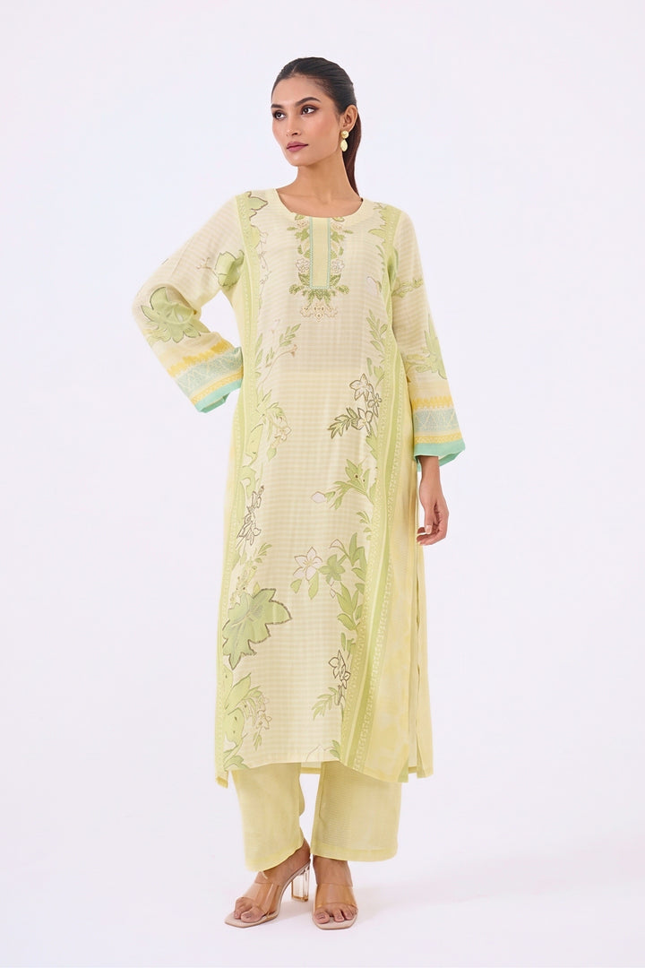 Printed Muslin Silk Kurta &amp; Pant - Set Of 2 - Lime Green