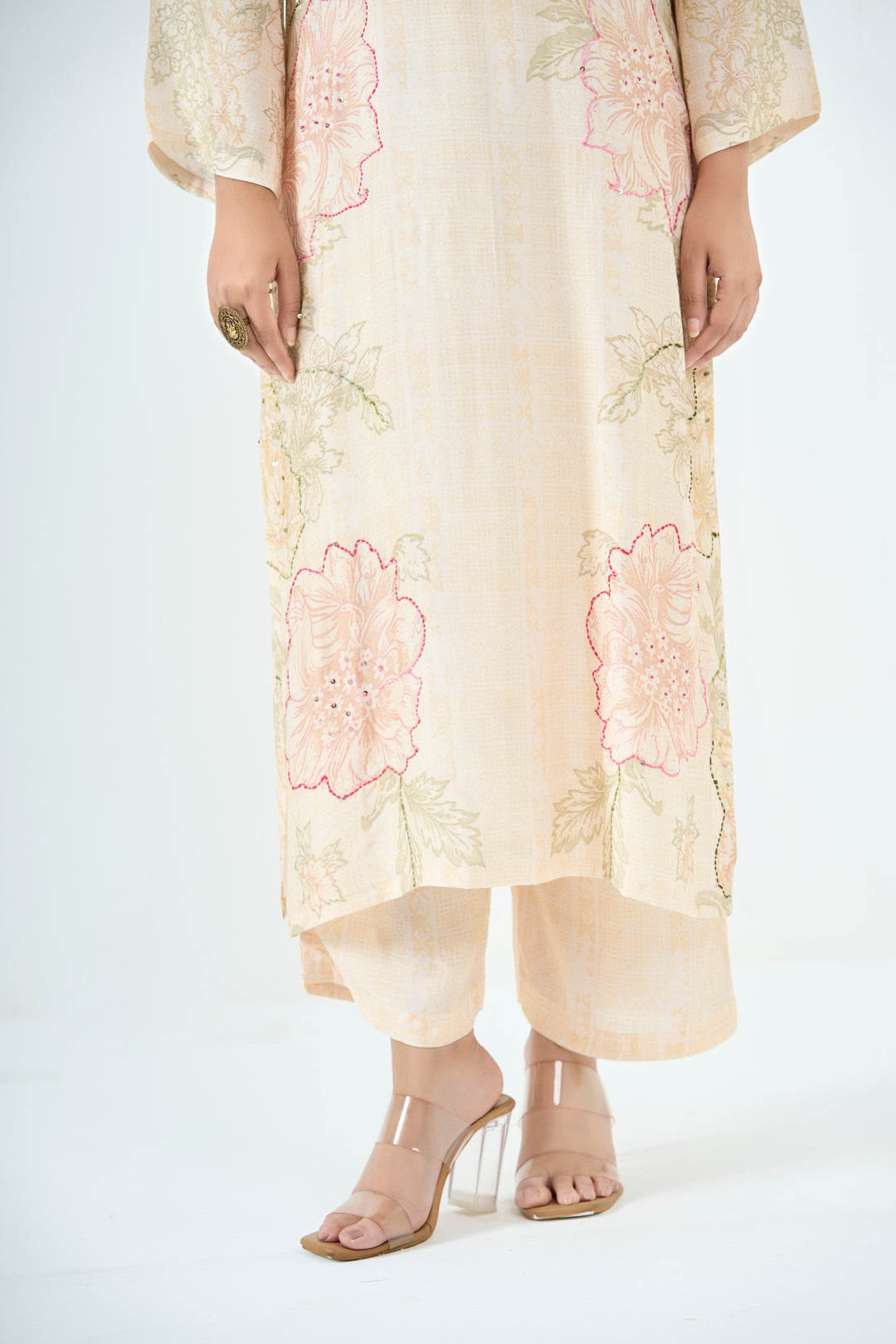 Printed Muslin Silk Kurta &amp; Pant Set – Hand Embroidered - Soft Beige
