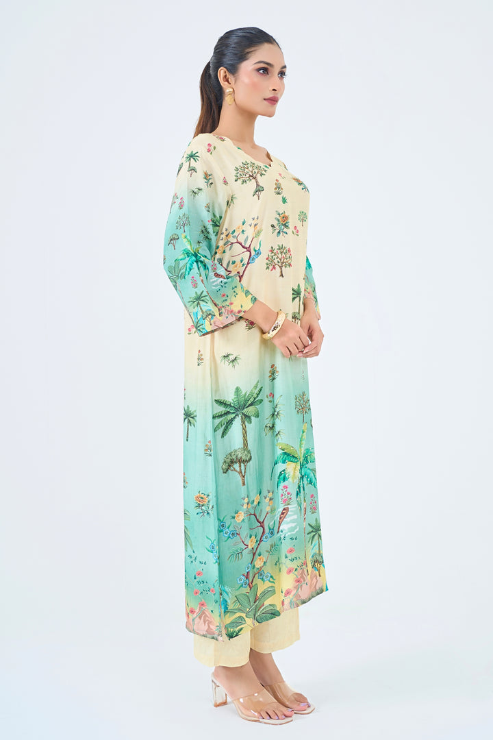 Printed Muslin Silk Kurta &amp; Pant Set – Hand Embroidered - Aqua Green &amp; Ivory