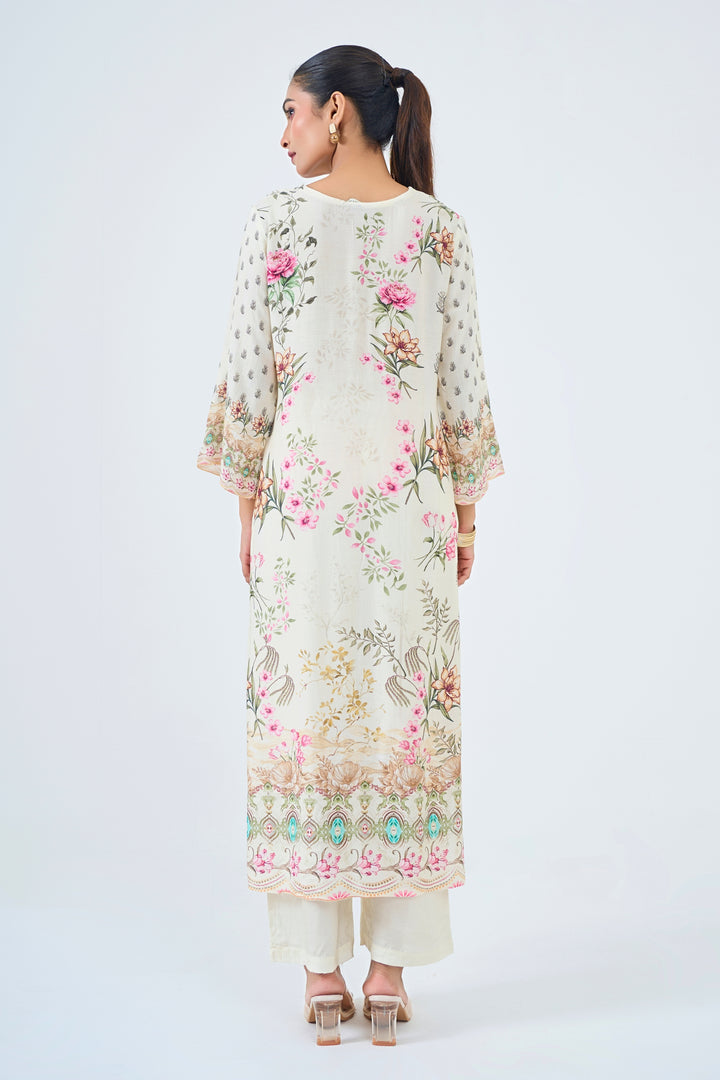 Printed Muslin Silk Kurta &amp; Pant Set – Hand Embroidered - Off-White
