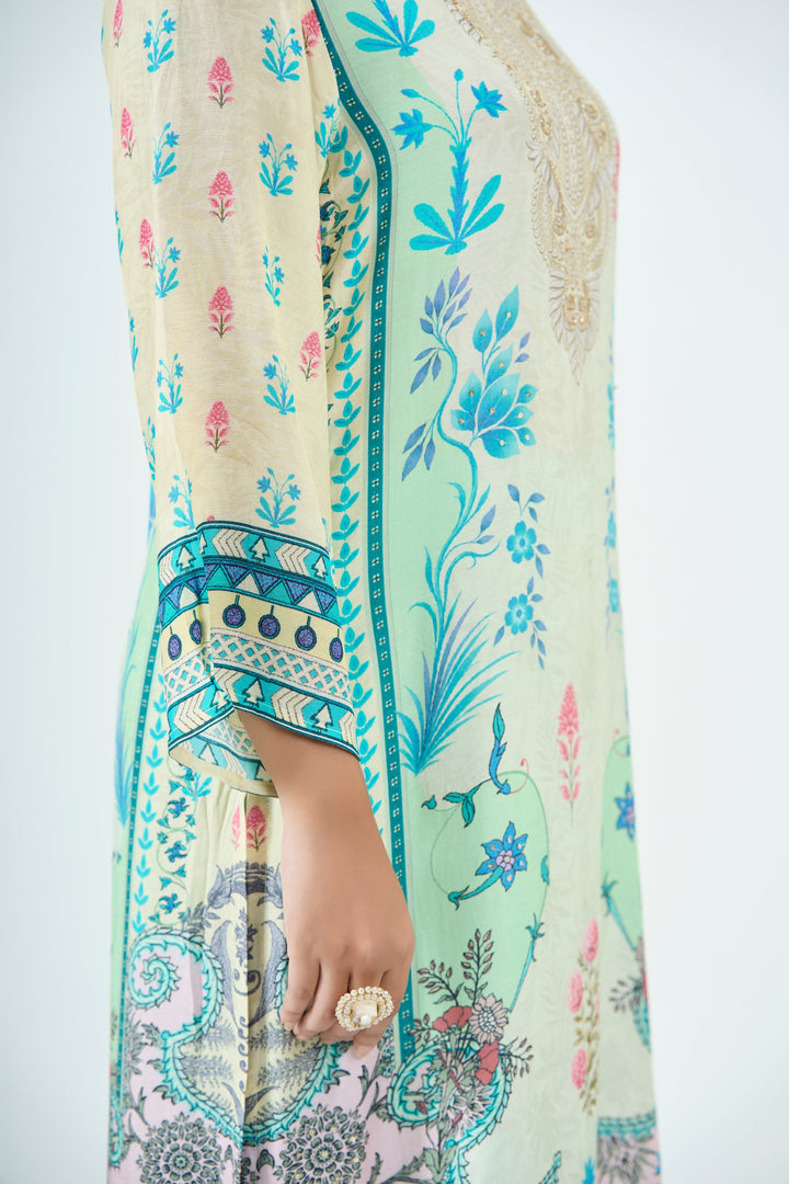 Printed Muslin Silk Kurta &amp; Pant Set - Hand Embroidered – Mint Green