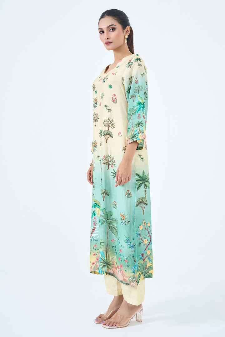 Printed Muslin Silk Kurta &amp; Pant Set – Hand Embroidered - Aqua Green &amp; Ivory