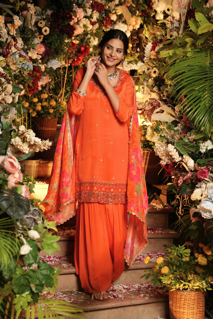 Festive Short-Kurta & Sharara - With Printed Dupatta - Hand Embroidered - Set of 3 - Rust