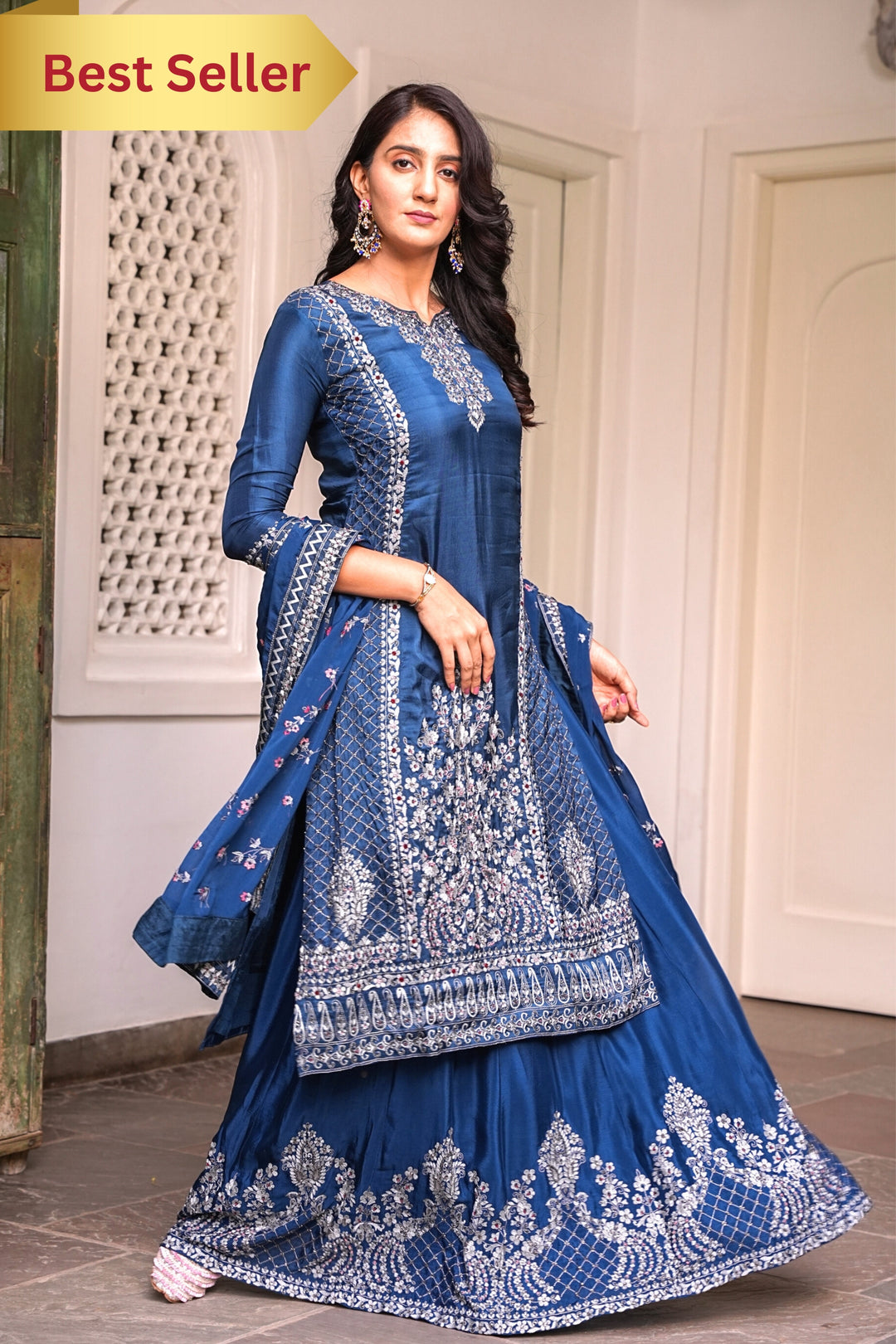 BLUE STRAIGHT KURTA & LEHENGA SET FOR WOMEN- PAIRED WITH DUPATTA - EMBROIDERED WITH RESHAM & HANDWORK - SET OF 3