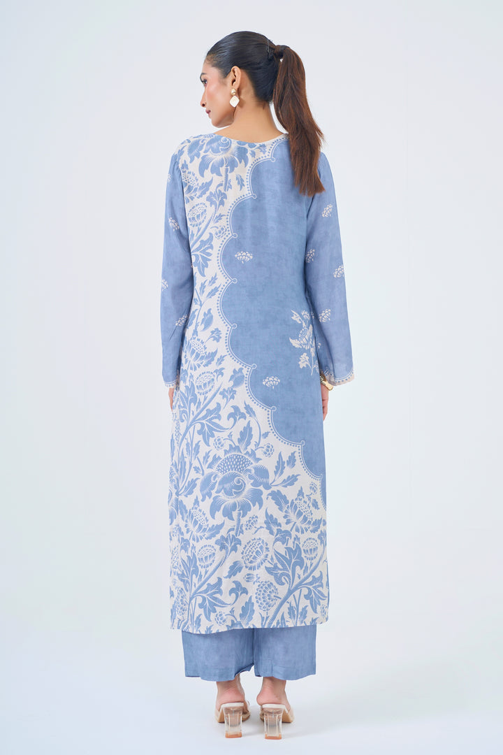 Printed Muslin Silk Kurta &amp; Pant – Pearl Embellished – Set of 2 – Blue