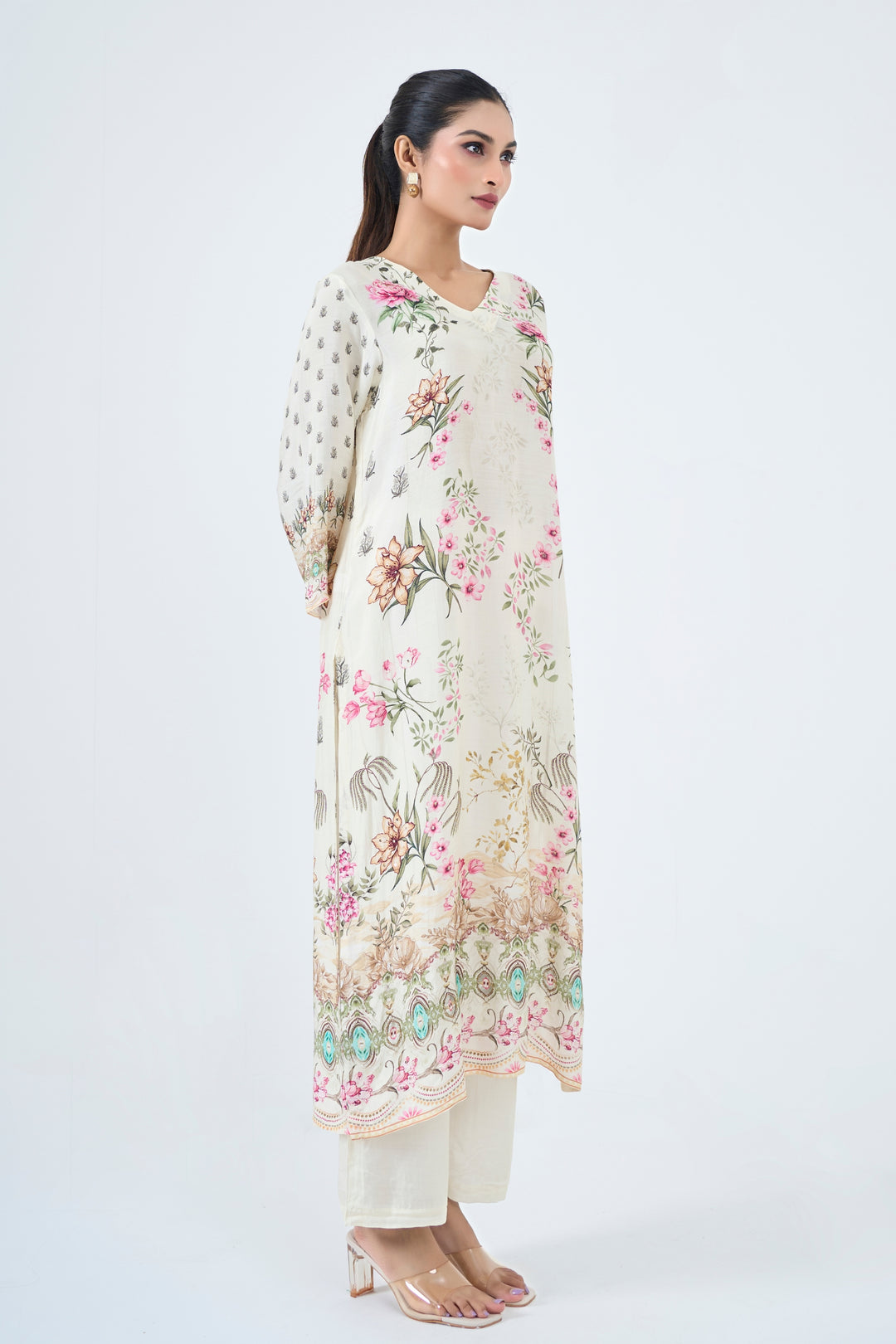 Printed Muslin Silk Kurta &amp; Pant Set – Hand Embroidered - Off-White