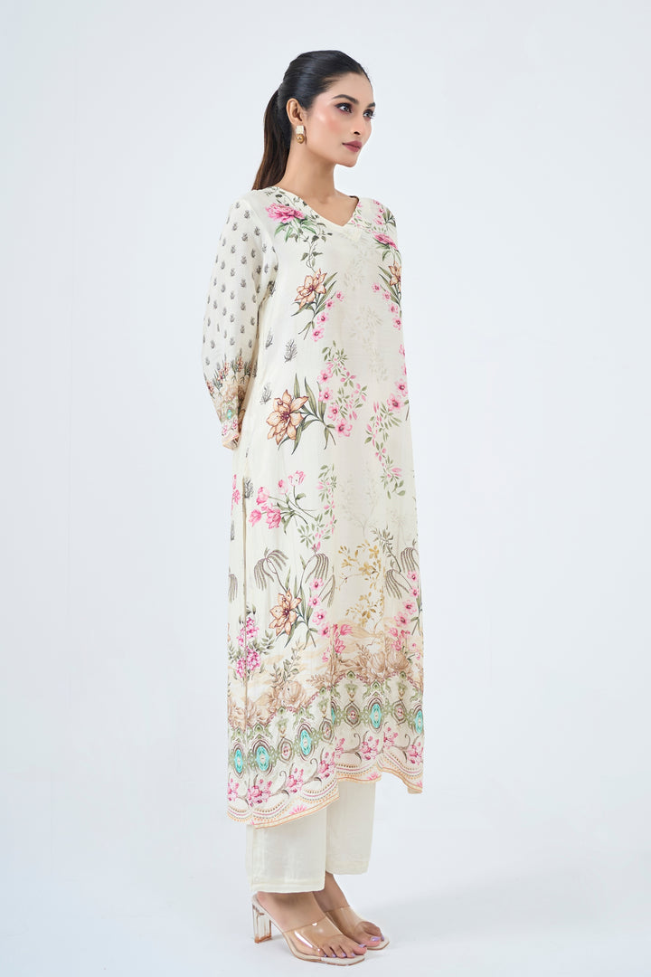 Printed Muslin Silk Kurta &amp; Pant Set – Hand Embroidered - Off-White