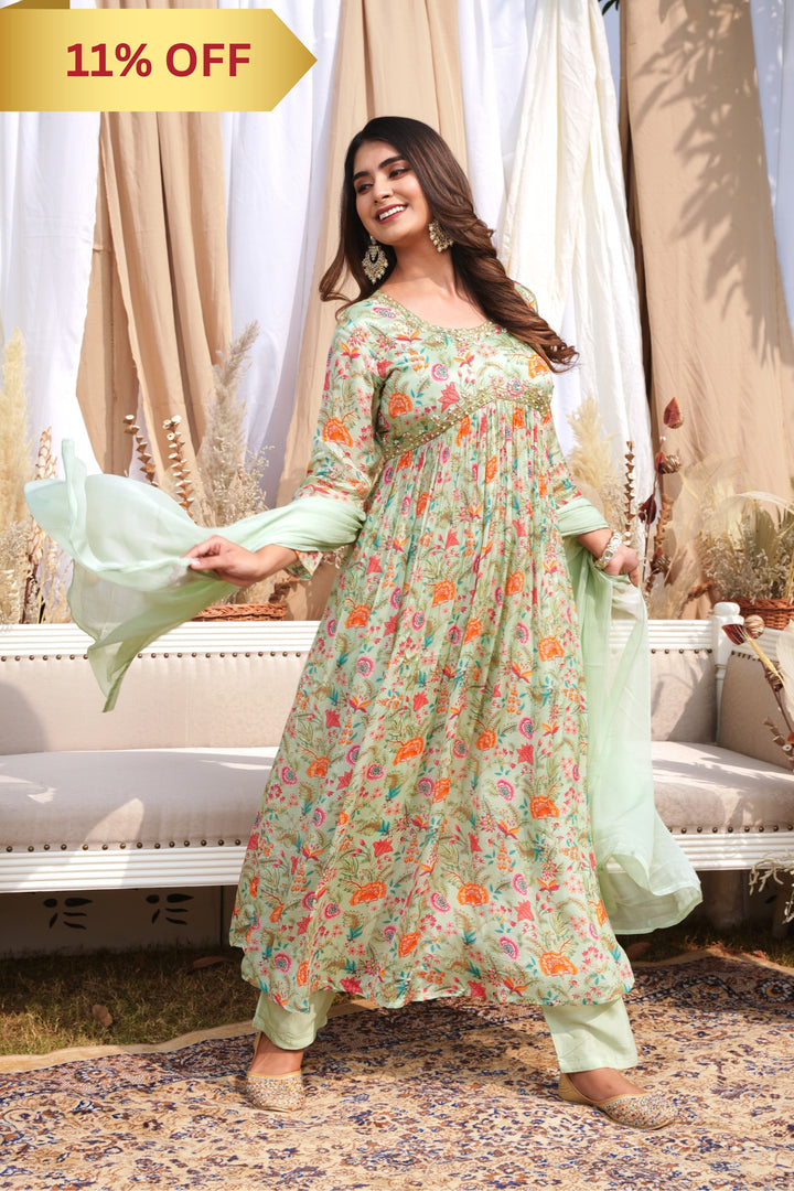 WOMEN'S FLORAL PRINTED - DABKA, PEARL, SEQUIN & CUTDANA EMBROIDERED - PLEATED KURTA, PANT AND DUPATTA SET OF 3 - MINT GREEN