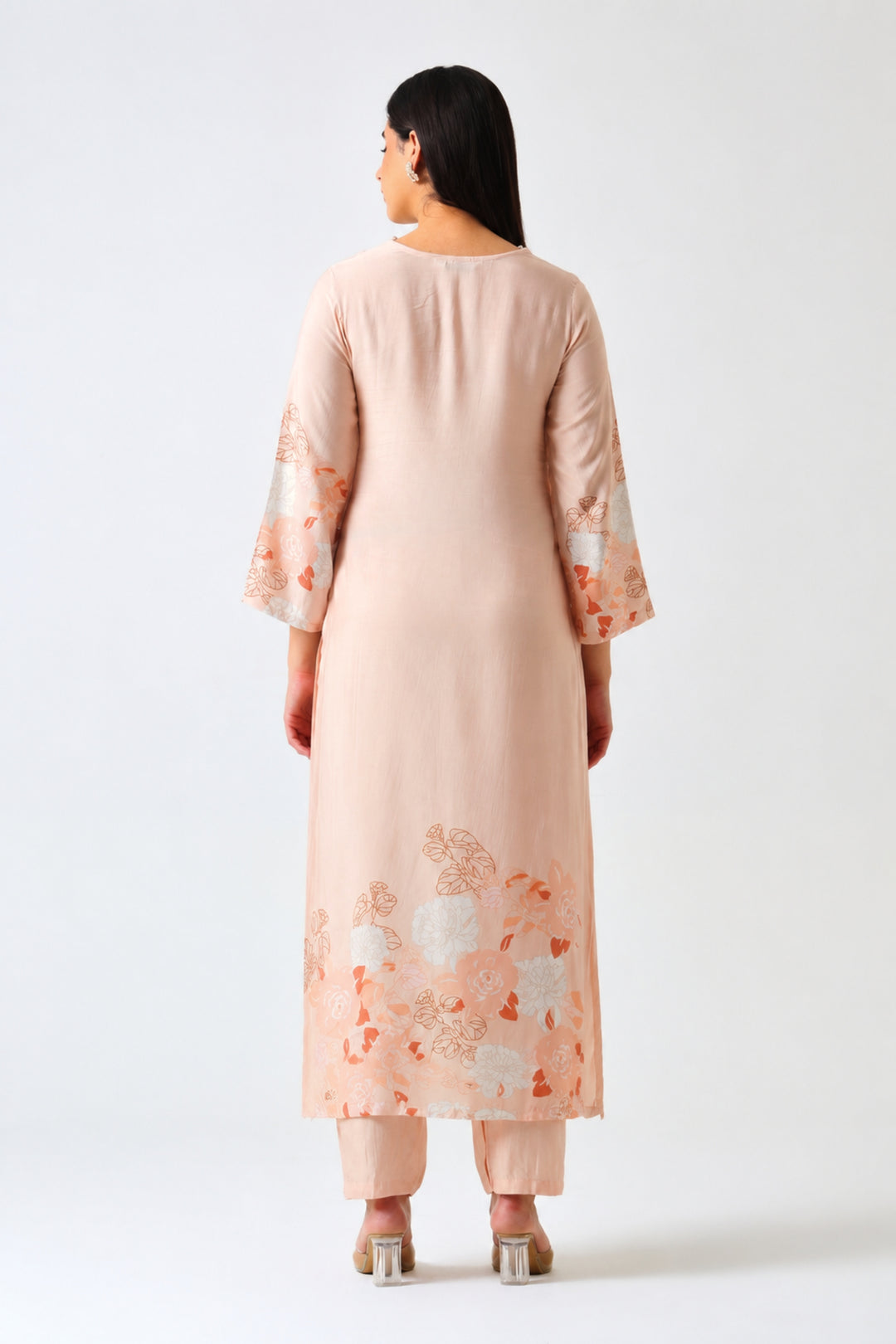 Printed Muslin Silk Kurta & Pant – Embroidered – Set of 2 – Peach