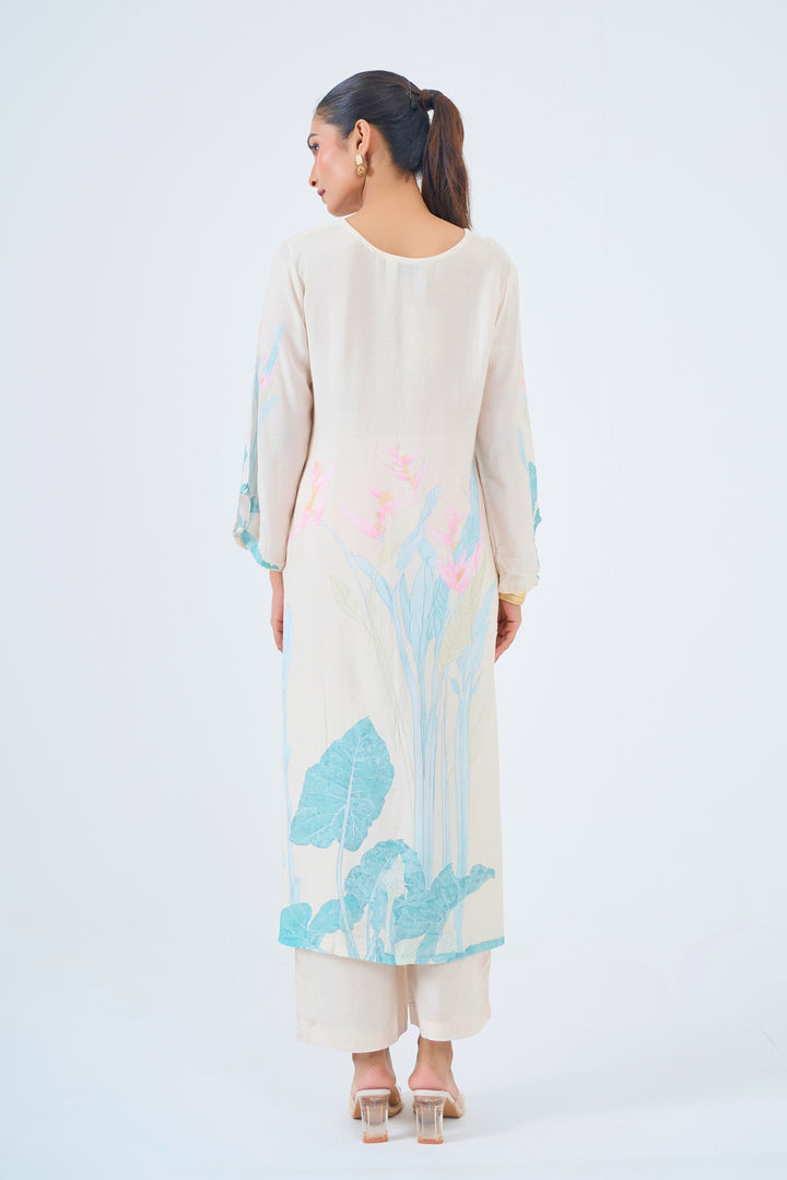 Printed Muslin Silk Kurta &amp; Pant – Hand Embroidered – Set of 2 – Off White